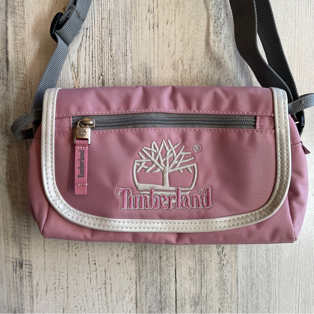 TIMBERLAND CROSSBODY BAG LIGHT PINK GRAY ADJUSTABLE STRAP ZIPPERED POCKE…